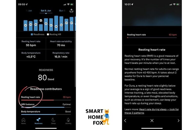 Displaying the resting heart rate measurement in the Oura app.